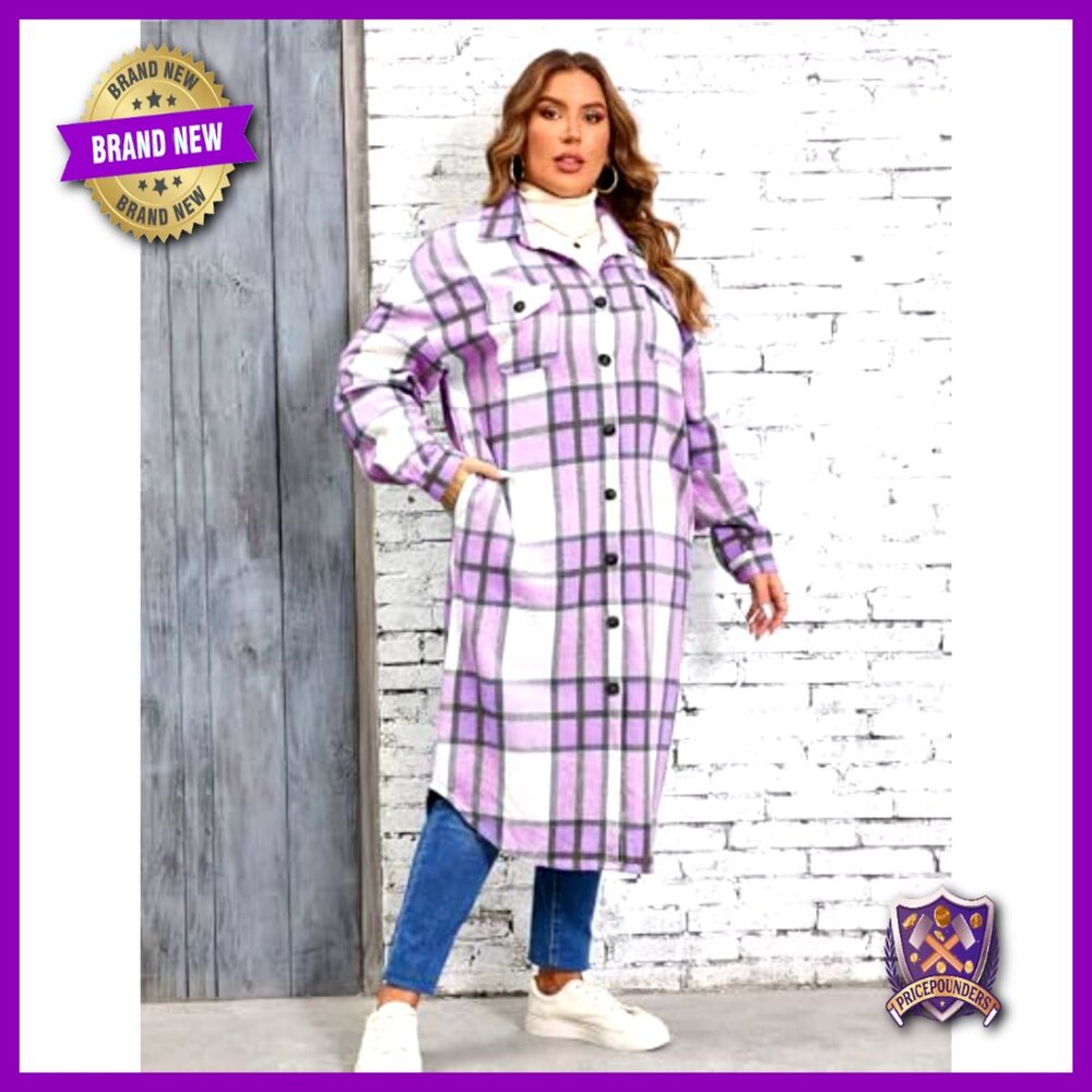 Plus Size Long Flannel Shacket Jacket Oversized Button Down with Pockets - Picture 3 of 6